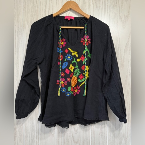 Elaine TurnerTop Womens Pullover Long Sleeve Embroidered Floral Black Top Size L - Picture 1 of 3